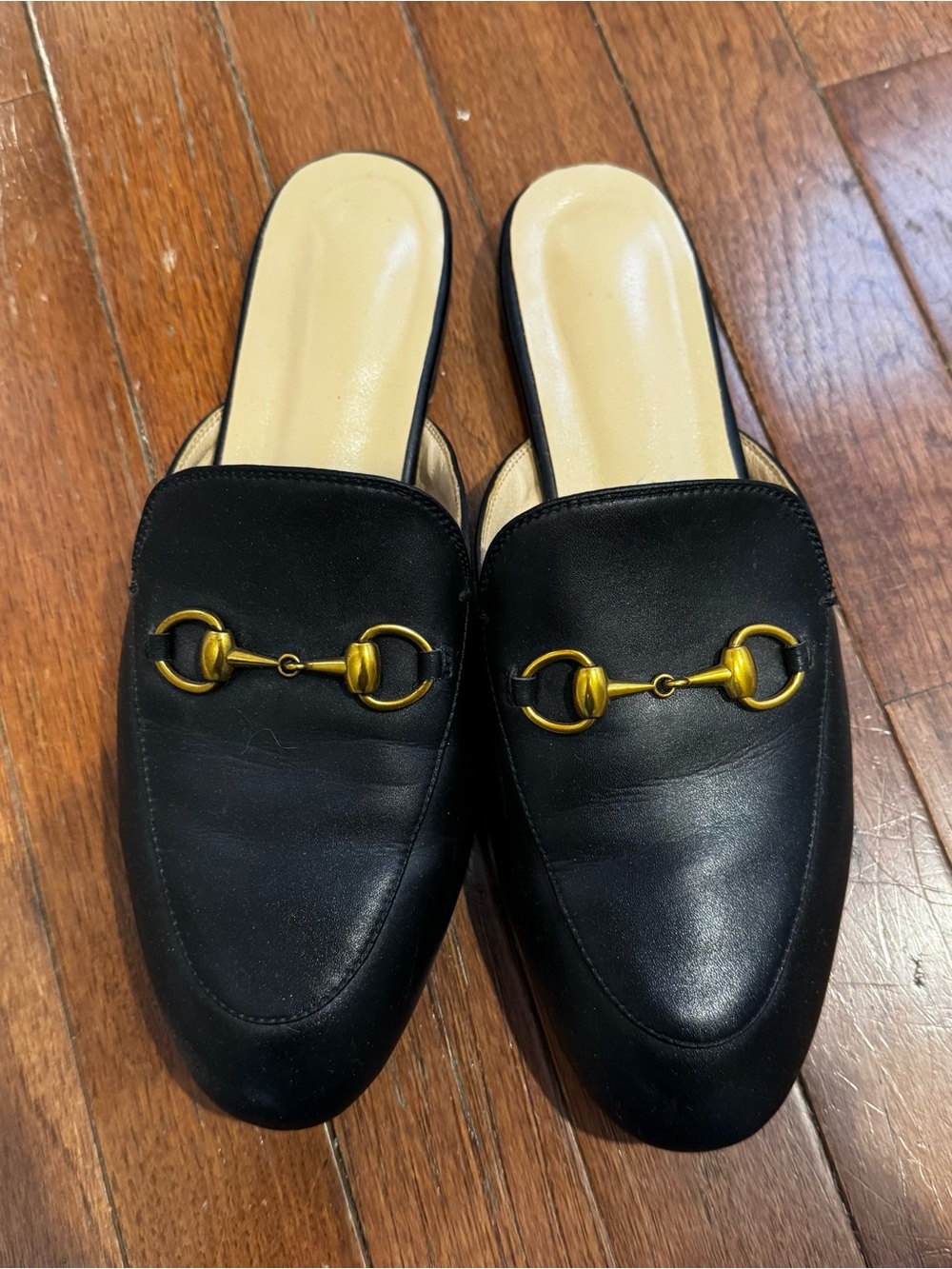 Black Leather Slip-On Mule with Gold Horsebit Detail